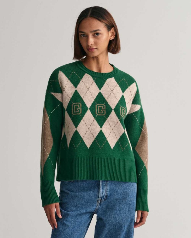 Gant Superfine Argyle Crew Neck Women\'s Sweater Lavish Green | BENUY-0178