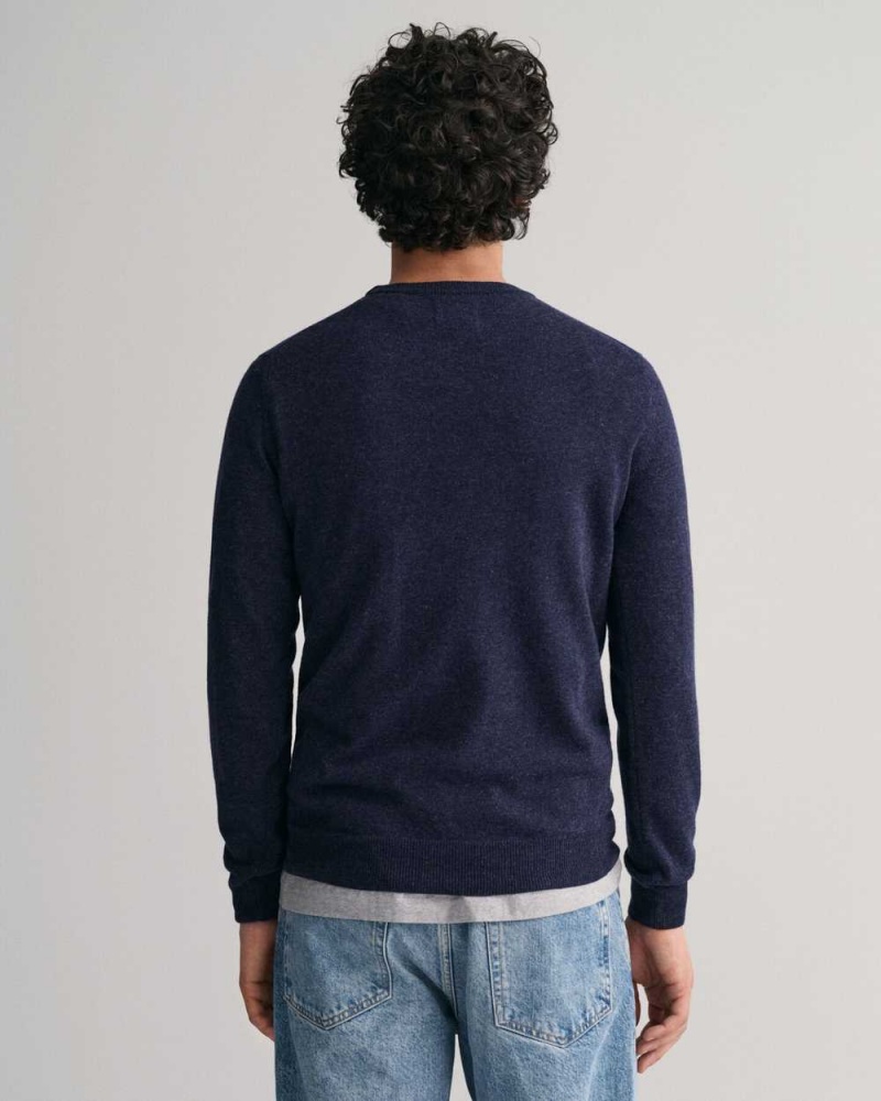 Gant Superfine Lambswool Crew Neck Men's Sweater Dark Navy Melange | BAQCU-7230