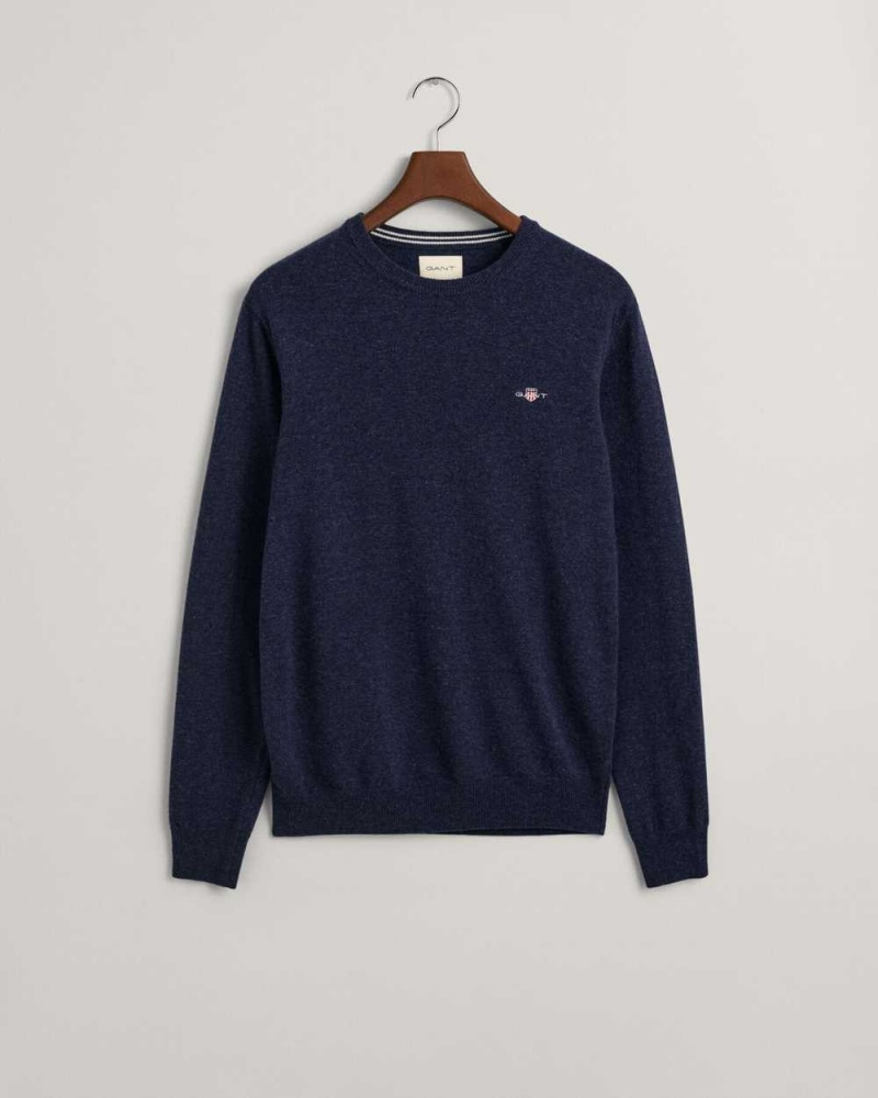 Gant Superfine Lambswool Crew Neck Men's Sweater Dark Navy Melange | BAQCU-7230