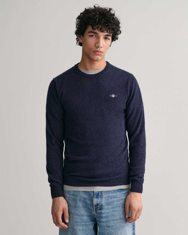 Gant Superfine Lambswool Crew Neck Men\'s Sweater Dark Navy Melange | BAQCU-7230