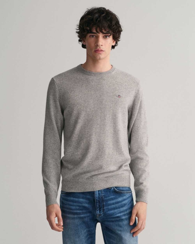 Gant Superfine Lambswool Crew Neck Men\'s Sweater Grey Melange | TFCLJ-1972