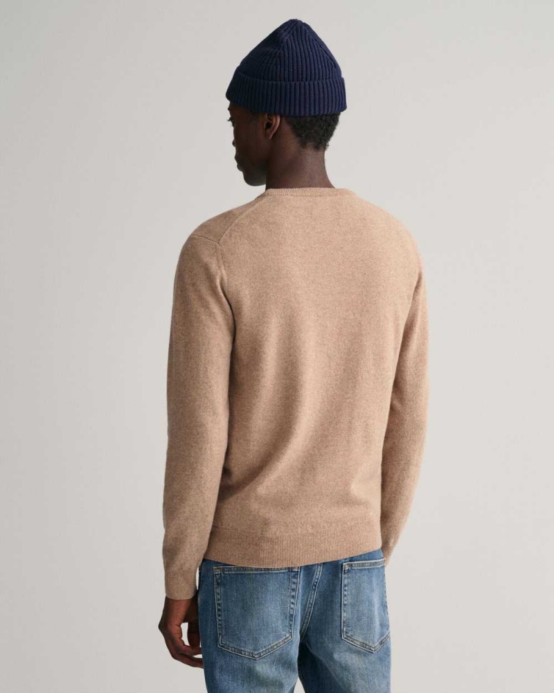 Gant Superfine Lambswool Crew Neck Men's Sweater Dk Sand Melange | MZQOL-0725