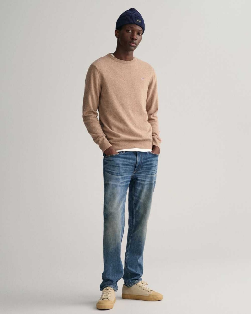 Gant Superfine Lambswool Crew Neck Men's Sweater Dk Sand Melange | MZQOL-0725