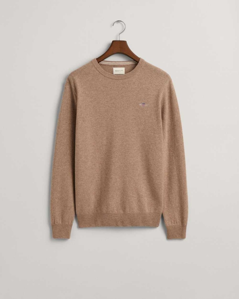 Gant Superfine Lambswool Crew Neck Men's Sweater Dk Sand Melange | MZQOL-0725