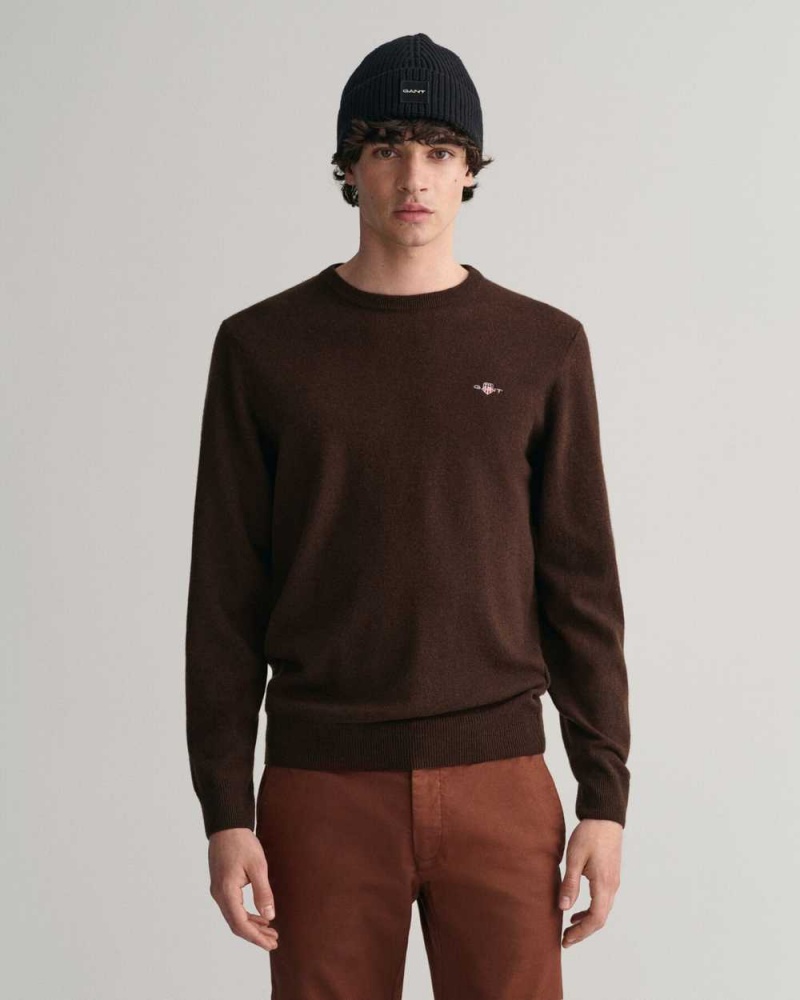 Gant Superfine Lambswool Crew Neck Men\'s Sweater Dark Brown Melange | COHMA-9832