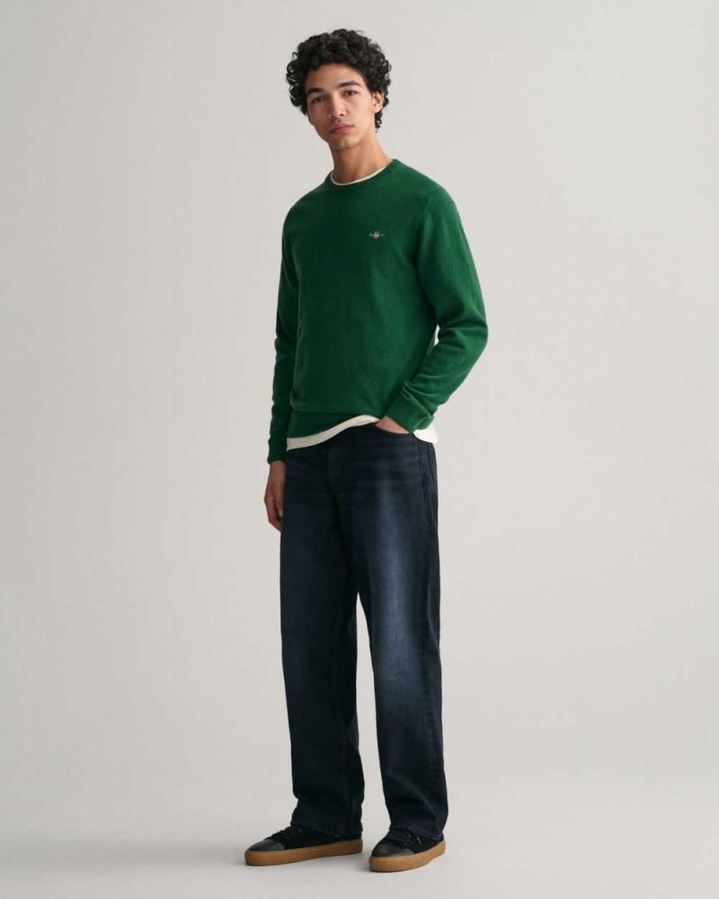 Gant Superfine Lambswool Crew Neck Men's Sweater Forest Green | RYCQU-5230