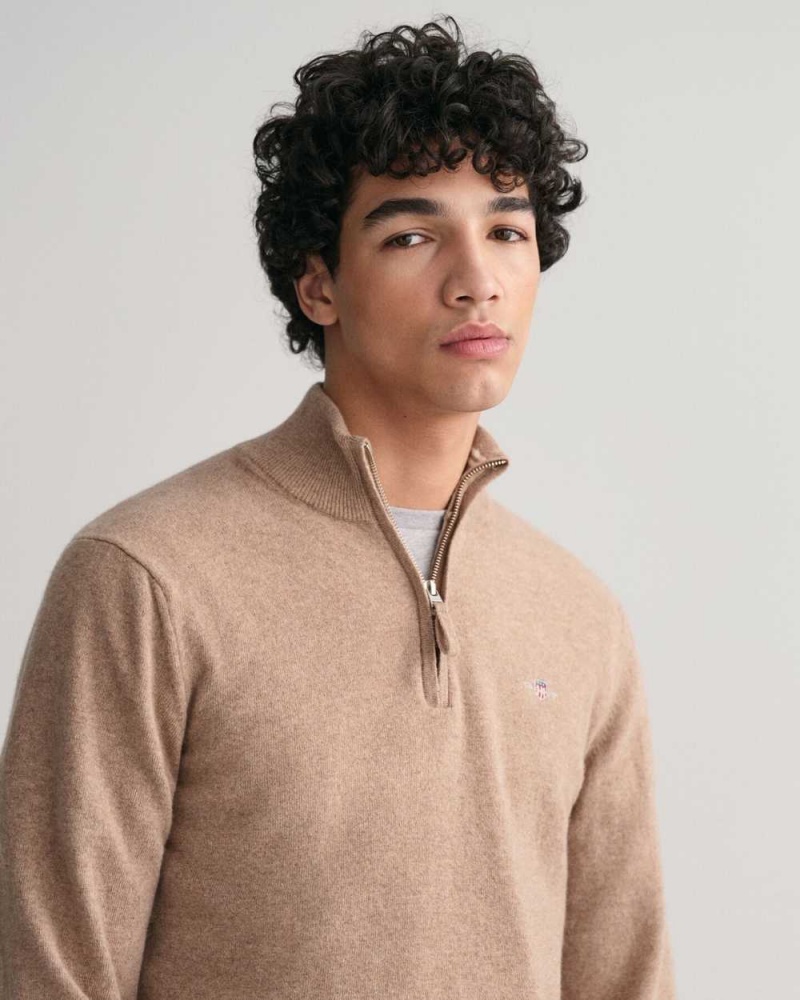 Gant Superfine Lambswool Half-Zip Men's Sweater Dk Sand Melange | BAHNJ-6983