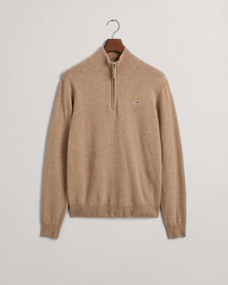 Gant Superfine Lambswool Half-Zip Men's Sweater Dk Sand Melange | BAHNJ-6983