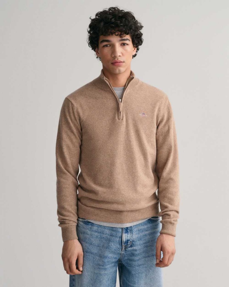 Gant Superfine Lambswool Half-Zip Men\'s Sweater Dk Sand Melange | BAHNJ-6983