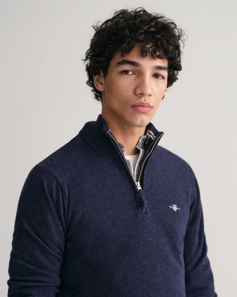 Gant Superfine Lambswool Half-Zip Men's Sweater Dark Navy Melange | FLAKP-4281