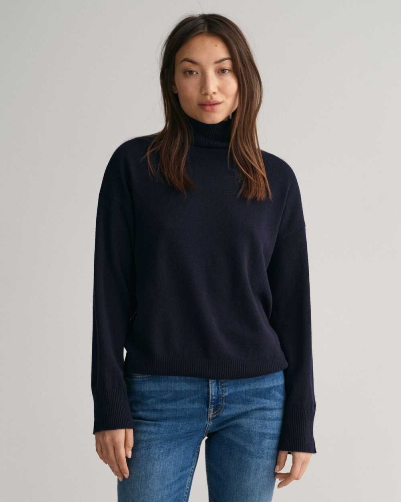 Gant Superfine Lambswool Stand Collar Women\'s Sweater Evening Blue | WVJHT-1498