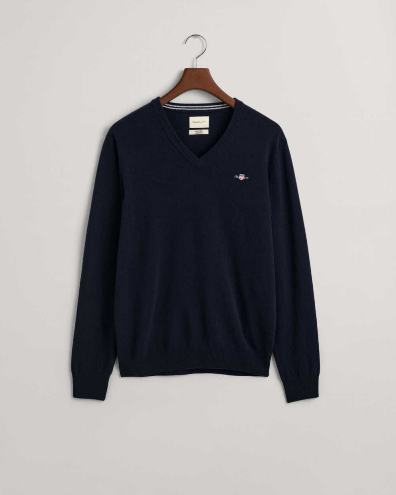 Gant Superfine Lambswool V-Neck Men's Sweater Marine | ZINFM-0815