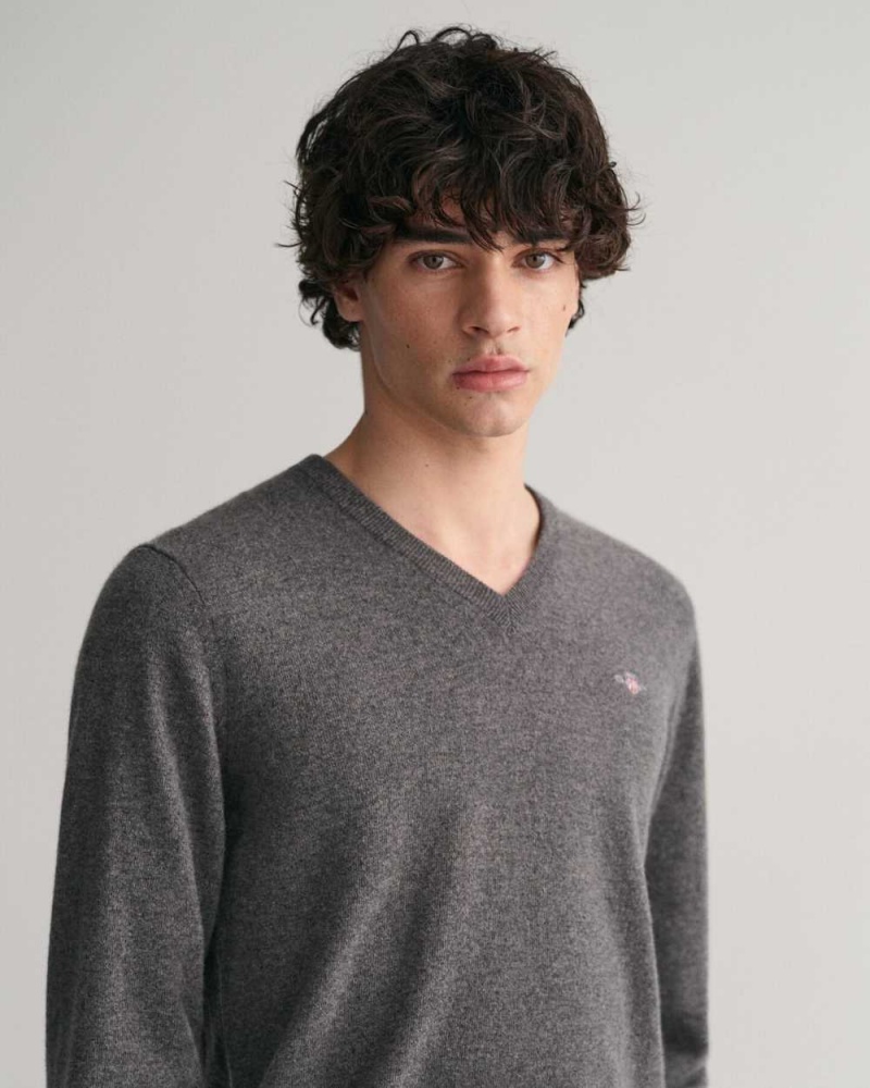 Gant Superfine Lambswool V-Neck Men's Sweater Charcoal Melange | ADXWP-0285