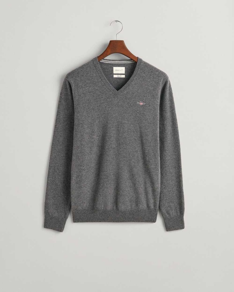 Gant Superfine Lambswool V-Neck Men's Sweater Charcoal Melange | ADXWP-0285