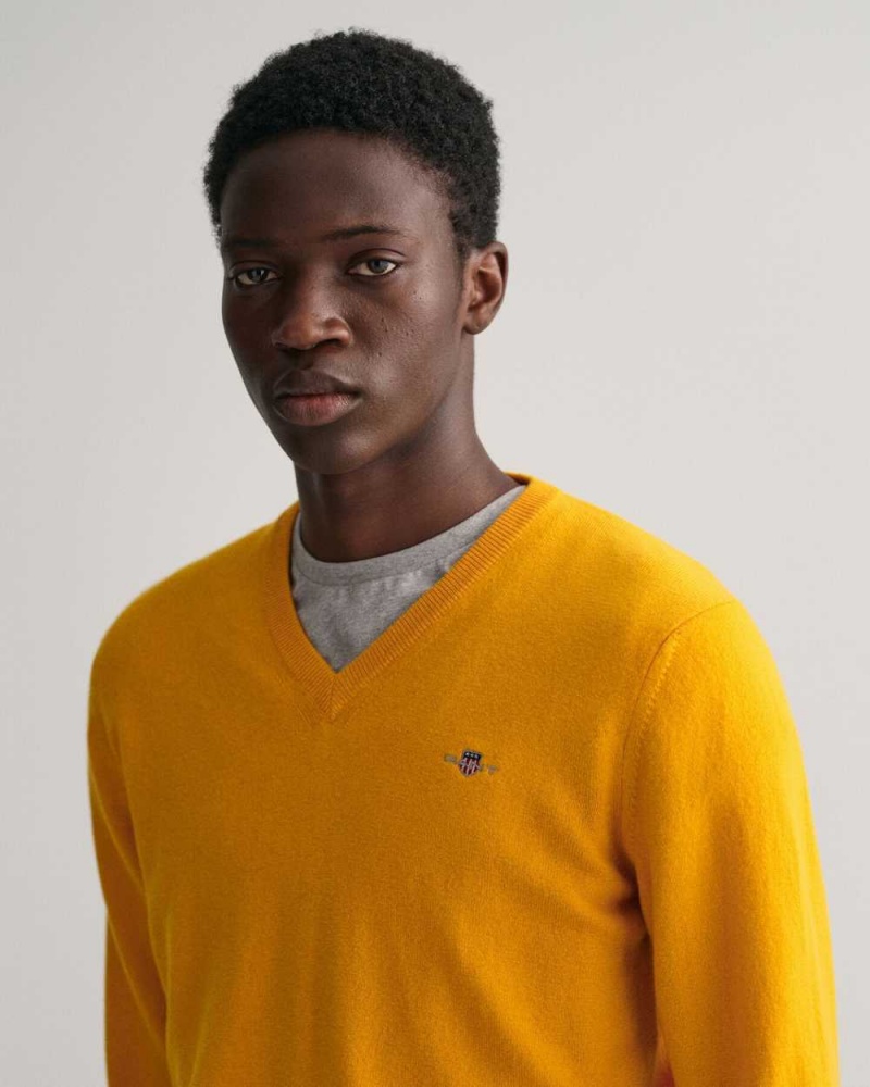 Gant Superfine Lambswool V-Neck Men's Sweater Sunflower Yellow | TICVE-8293