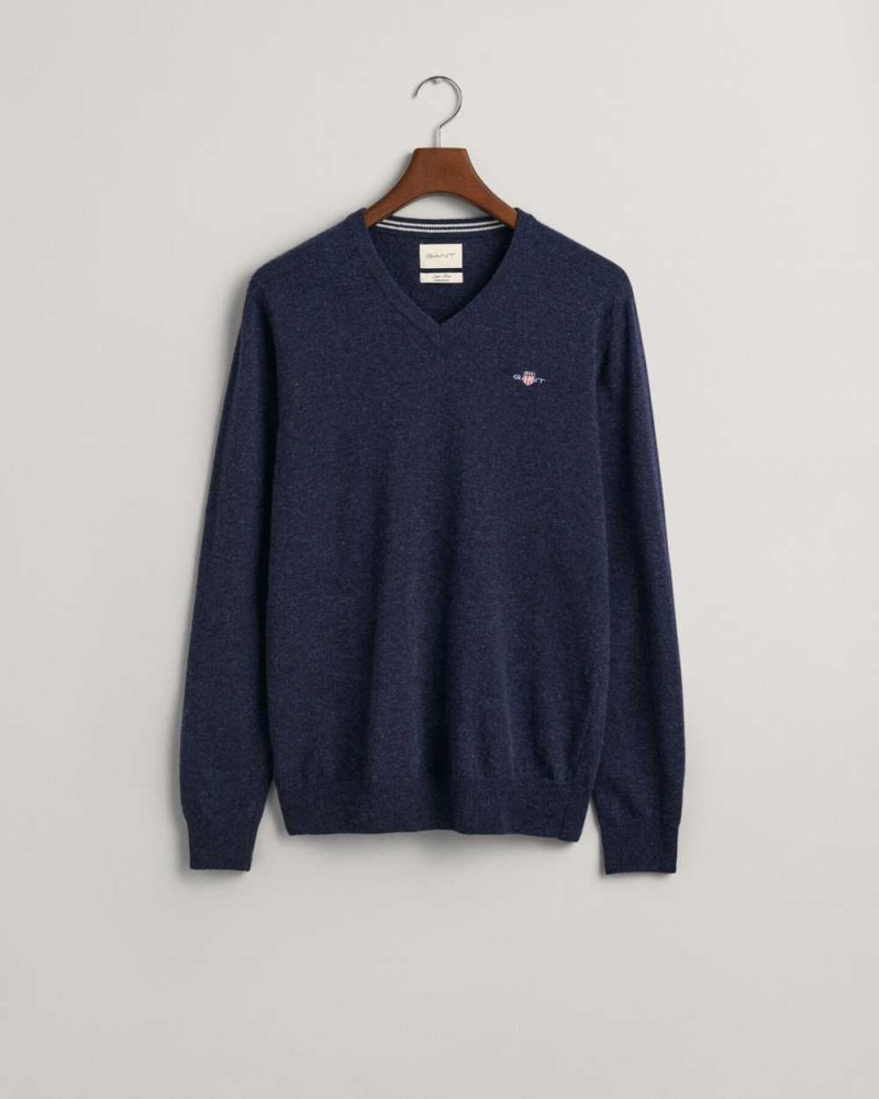 Gant Superfine Lambswool V-Neck Men's Sweater Dark Navy Melange | KIOMB-0264