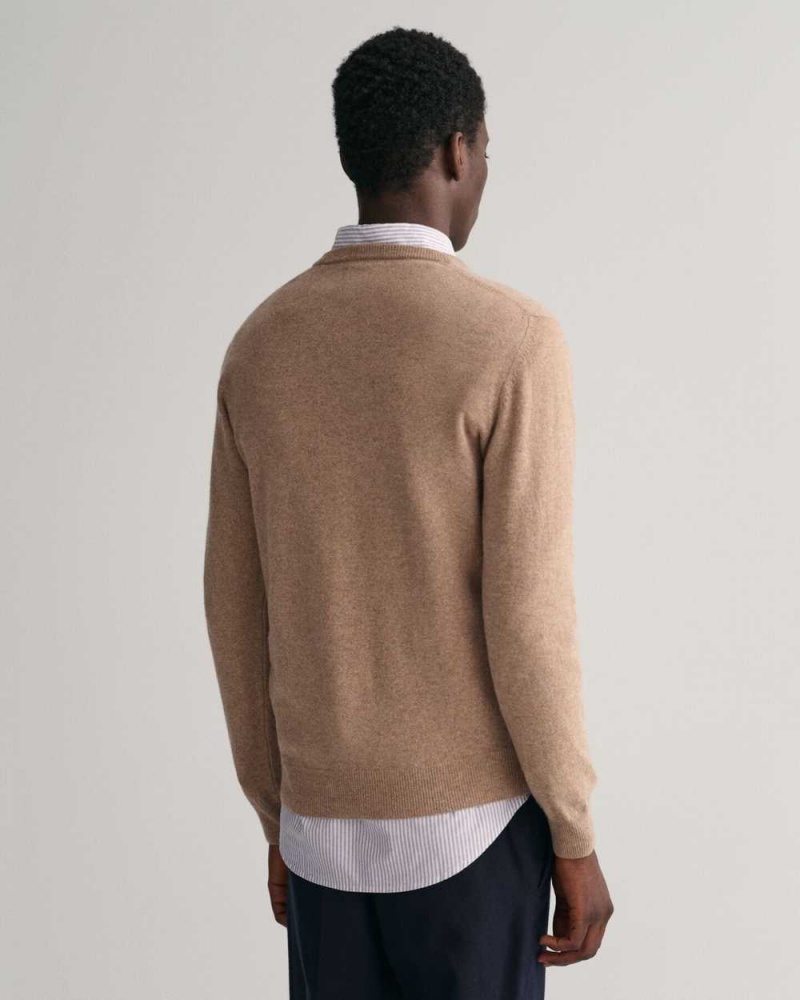 Gant Superfine Lambswool V-Neck Men's Sweater Dk Sand Melange | KIGWO-2754