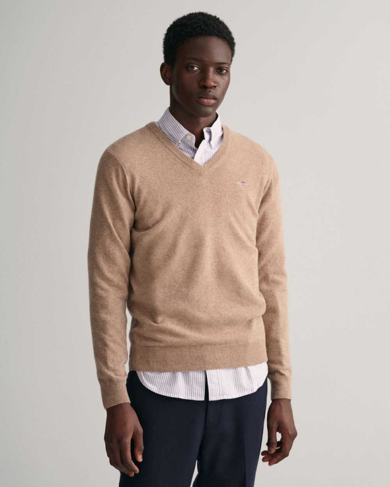 Gant Superfine Lambswool V-Neck Men's Sweater Dk Sand Melange | KIGWO-2754