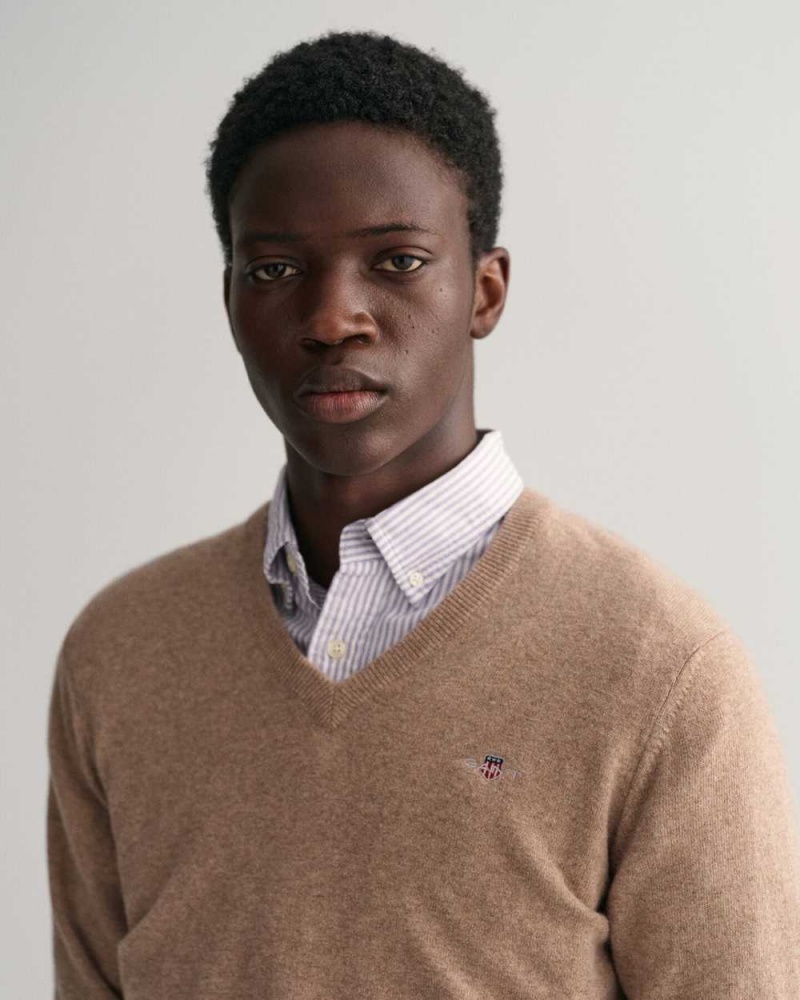 Gant Superfine Lambswool V-Neck Men's Sweater Dk Sand Melange | KIGWO-2754