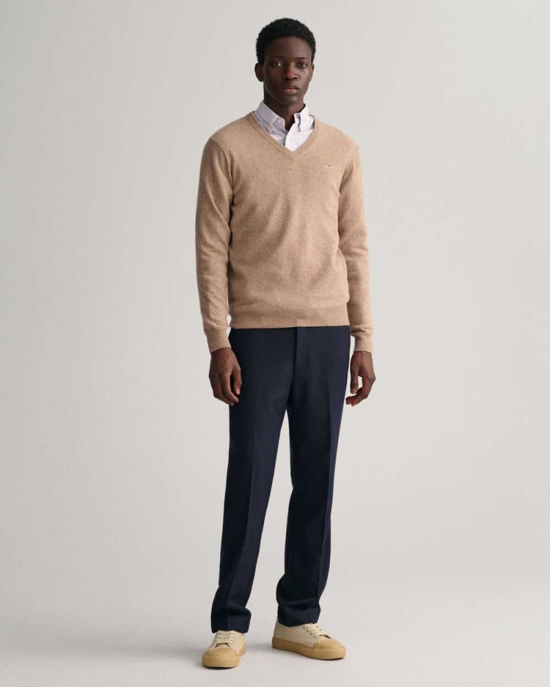 Gant Superfine Lambswool V-Neck Men's Sweater Dk Sand Melange | KIGWO-2754