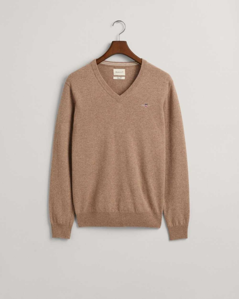 Gant Superfine Lambswool V-Neck Men's Sweater Dk Sand Melange | KIGWO-2754