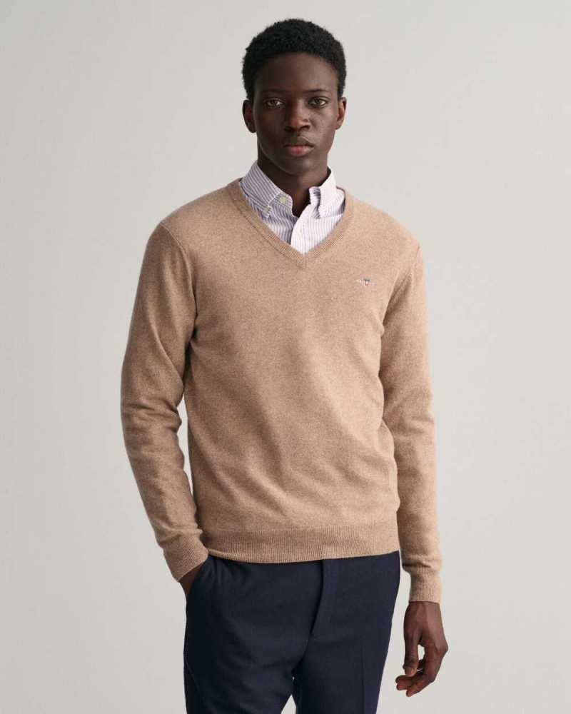 Gant Superfine Lambswool V-Neck Men\'s Sweater Dk Sand Melange | KIGWO-2754