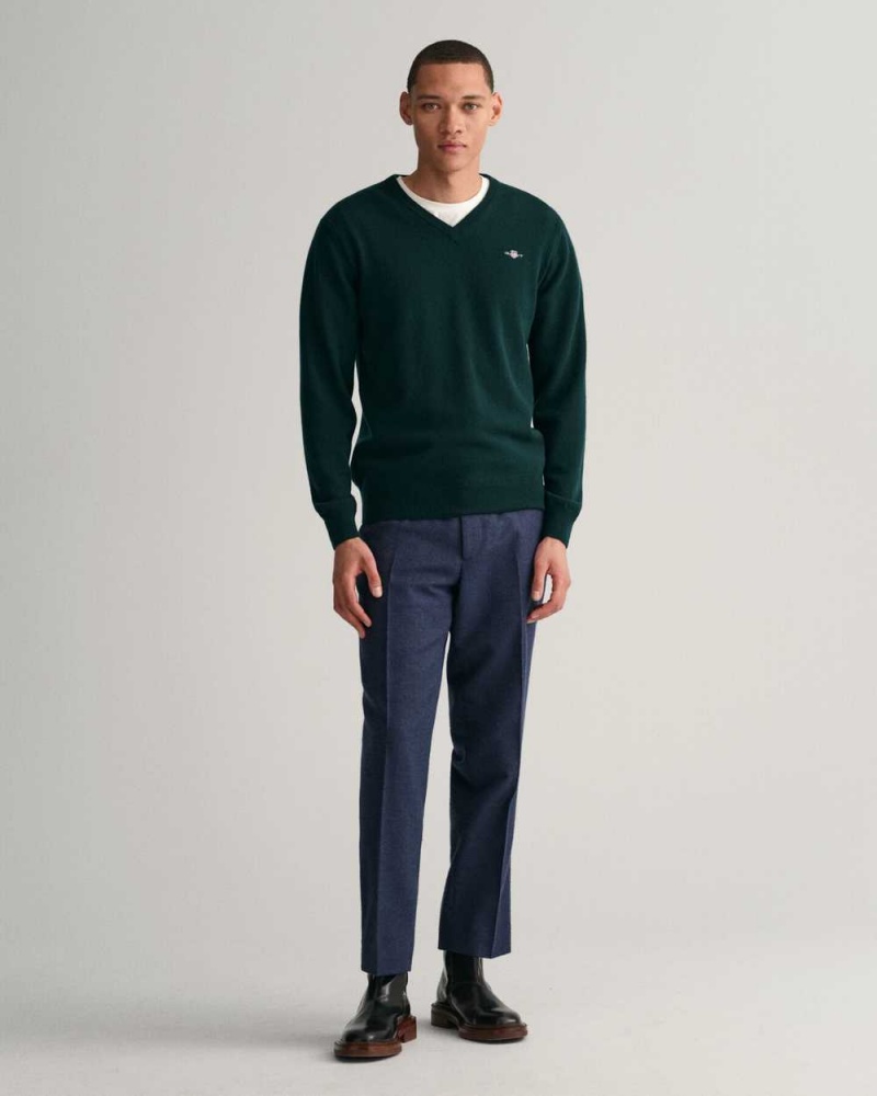 Gant Superfine Lambswool V-Neck Men's Sweater Tartan Green | CABIT-4385