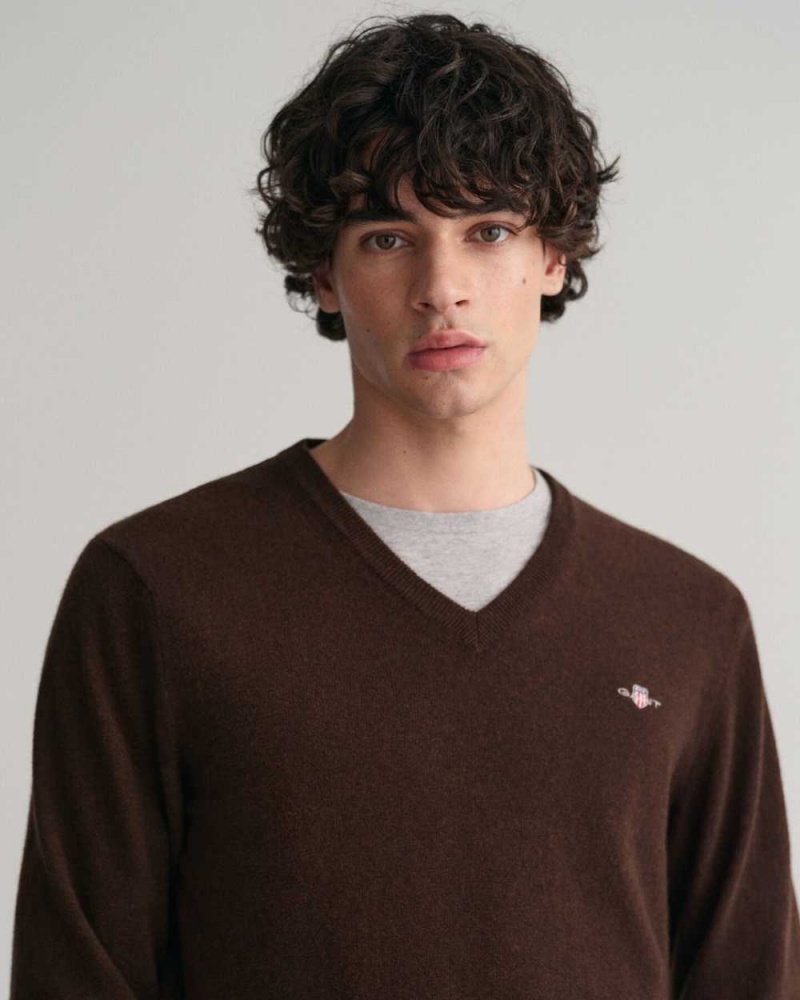 Gant Superfine Lambswool V-Neck Men's Sweater Dark Brown Melange | WFCVL-3871