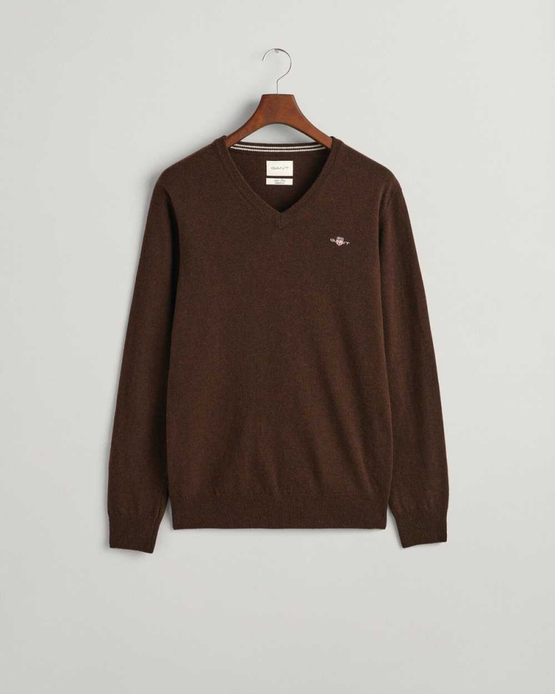 Gant Superfine Lambswool V-Neck Men's Sweater Dark Brown Melange | WFCVL-3871