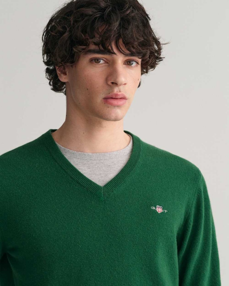 Gant Superfine Lambswool V-Neck Men's Sweater Forest Green | JQAWL-8063