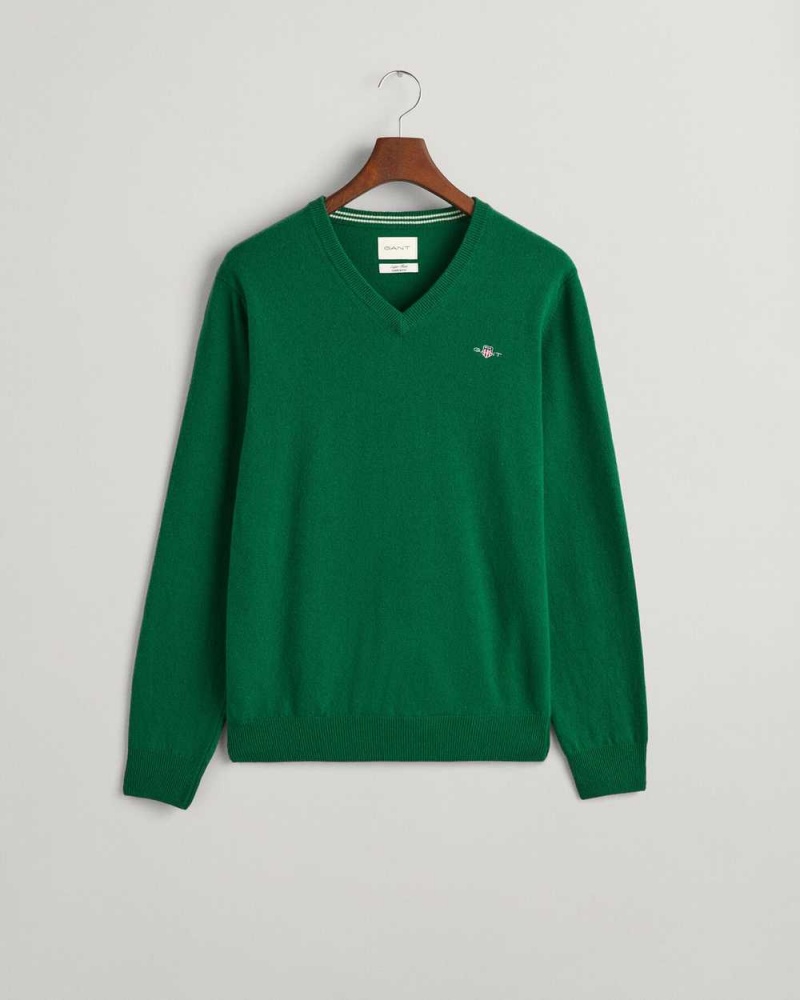 Gant Superfine Lambswool V-Neck Men's Sweater Forest Green | JQAWL-8063