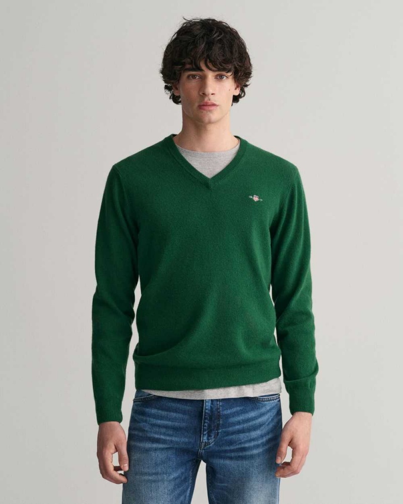 Gant Superfine Lambswool V-Neck Men\'s Sweater Forest Green | JQAWL-8063