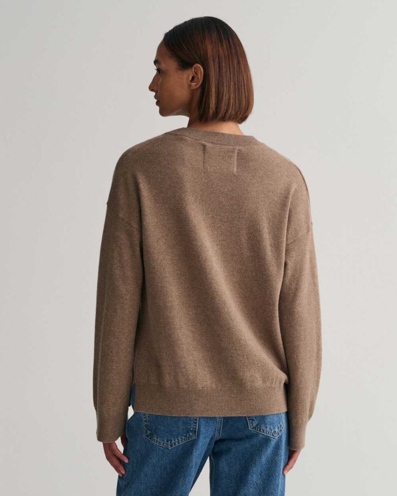 Gant Superfine Lambswool V-Neck Women's Sweater Mole Brown | CESZB-2684