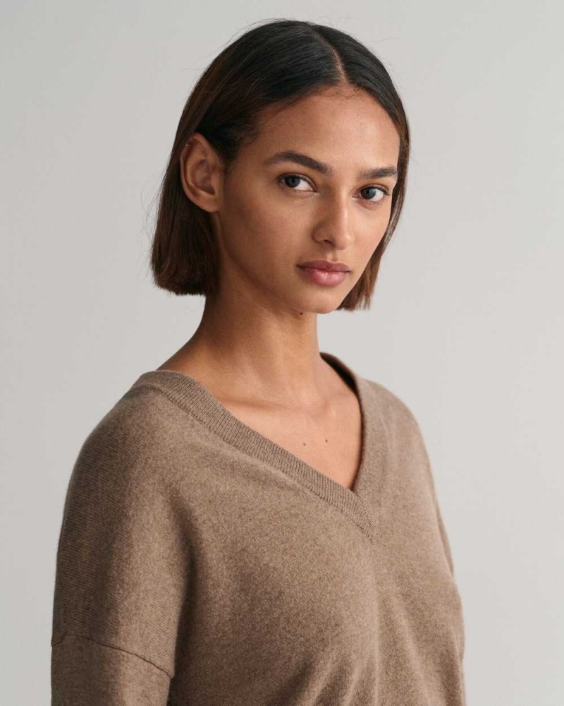 Gant Superfine Lambswool V-Neck Women's Sweater Mole Brown | CESZB-2684