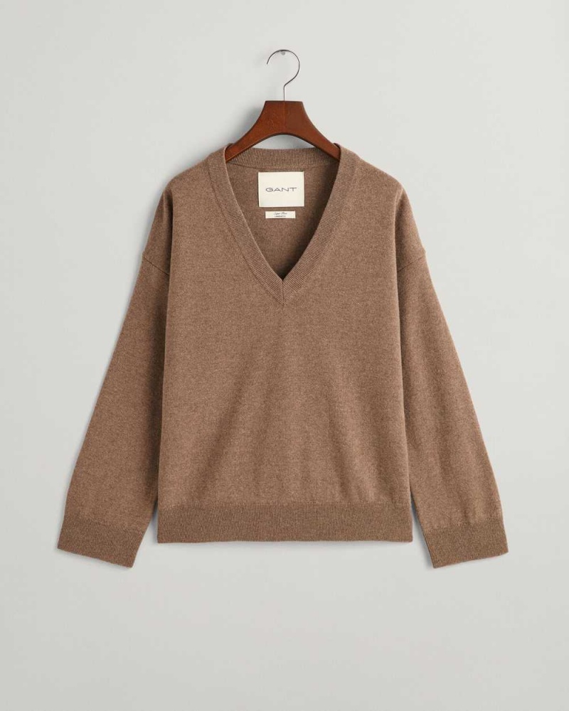 Gant Superfine Lambswool V-Neck Women's Sweater Mole Brown | CESZB-2684