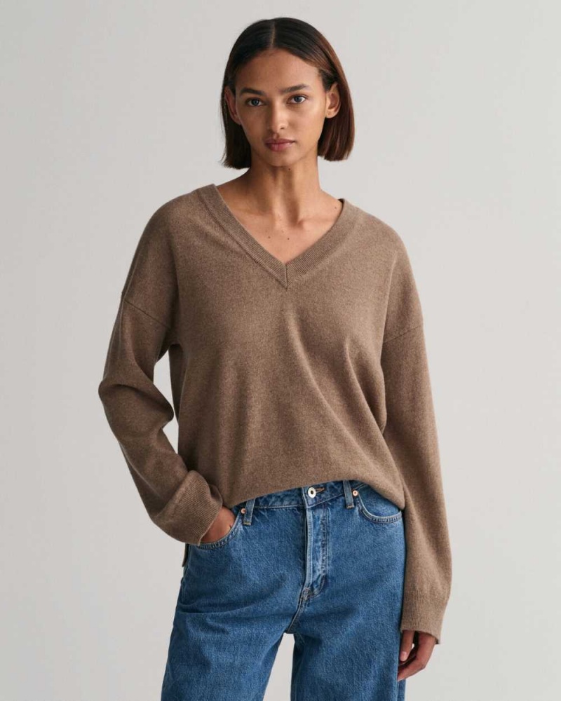 Gant Superfine Lambswool V-Neck Women\'s Sweater Mole Brown | CESZB-2684