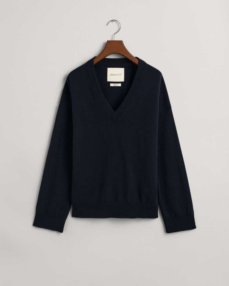 Gant Superfine Lambswool V-Neck Women's Sweater Evening Blue | HNMAP-8239