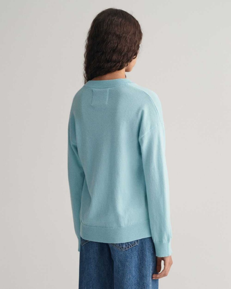 Gant Superfine Lambswool V-Neck Women's Sweater Dusty Turquoise | ACHBP-9143