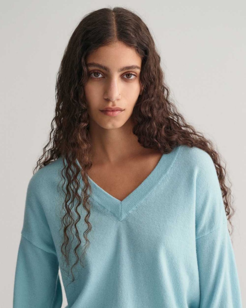 Gant Superfine Lambswool V-Neck Women's Sweater Dusty Turquoise | ACHBP-9143