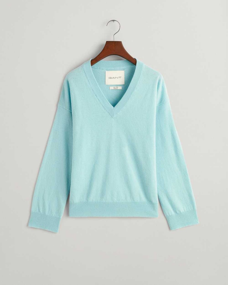 Gant Superfine Lambswool V-Neck Women's Sweater Dusty Turquoise | ACHBP-9143