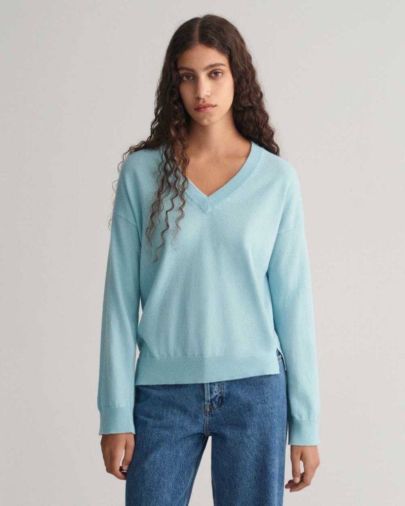 Gant Superfine Lambswool V-Neck Women\'s Sweater Dusty Turquoise | ACHBP-9143