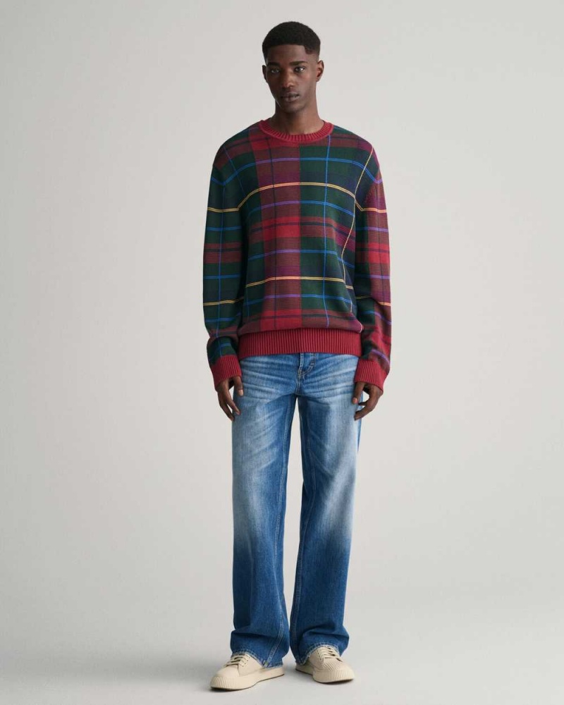 Gant Tartan Jacquard Crew Neck Men's Sweater Plumped Red | DYPVZ-8051