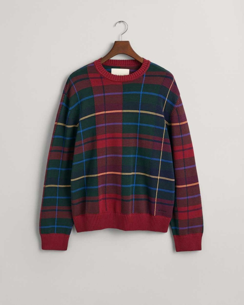 Gant Tartan Jacquard Crew Neck Men's Sweater Plumped Red | DYPVZ-8051