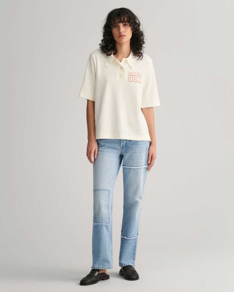 Gant Terry Cloth Women's Polo Shirt Beige White | BCUDQ-7853