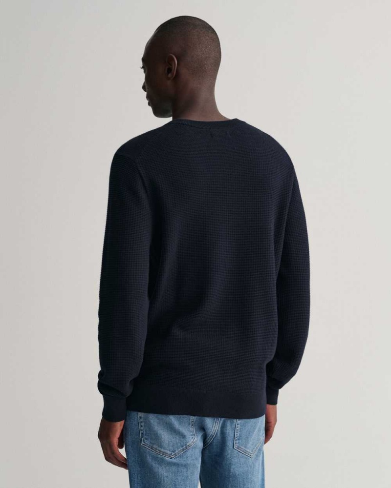 Gant Textured Cotton Crew Neck Men's Sweater Evening Blue | MYBLT-0637