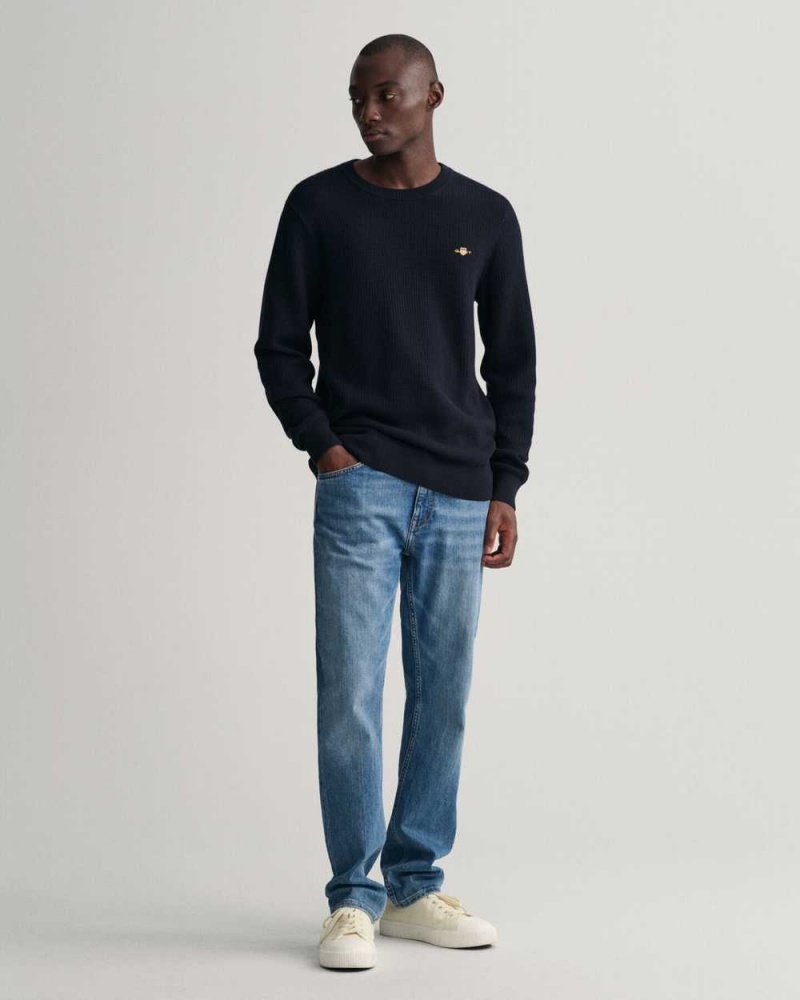 Gant Textured Cotton Crew Neck Men's Sweater Evening Blue | MYBLT-0637