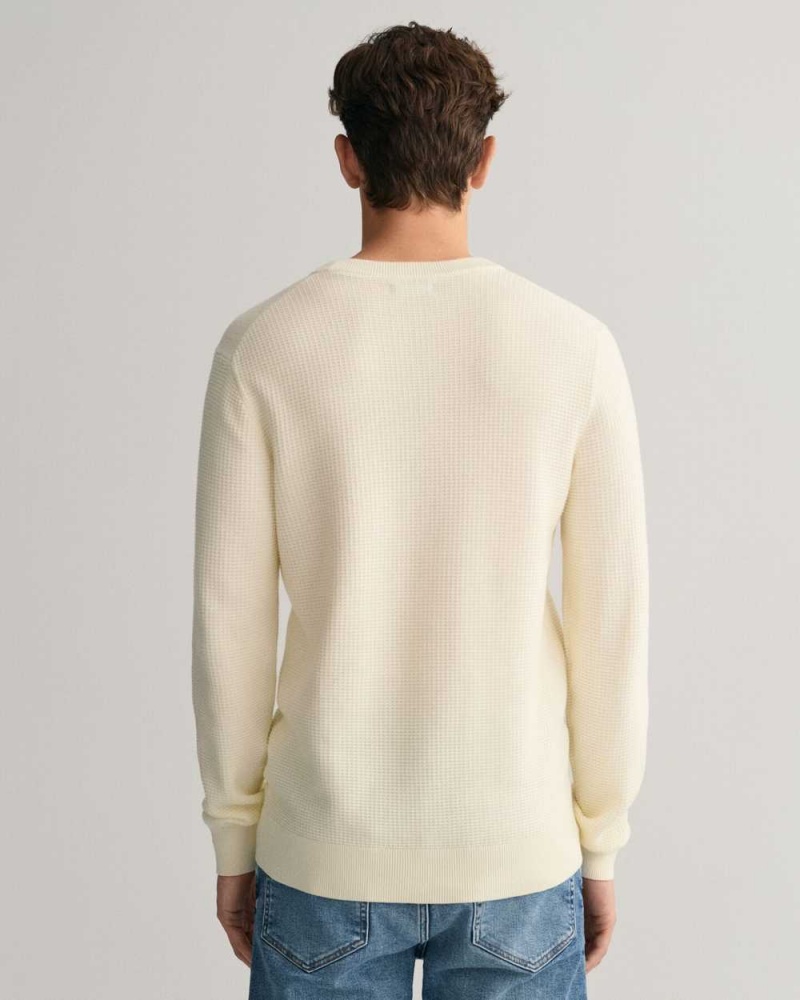 Gant Textured Cotton Crew Neck Men's Sweater Cream | JSOKI-8742