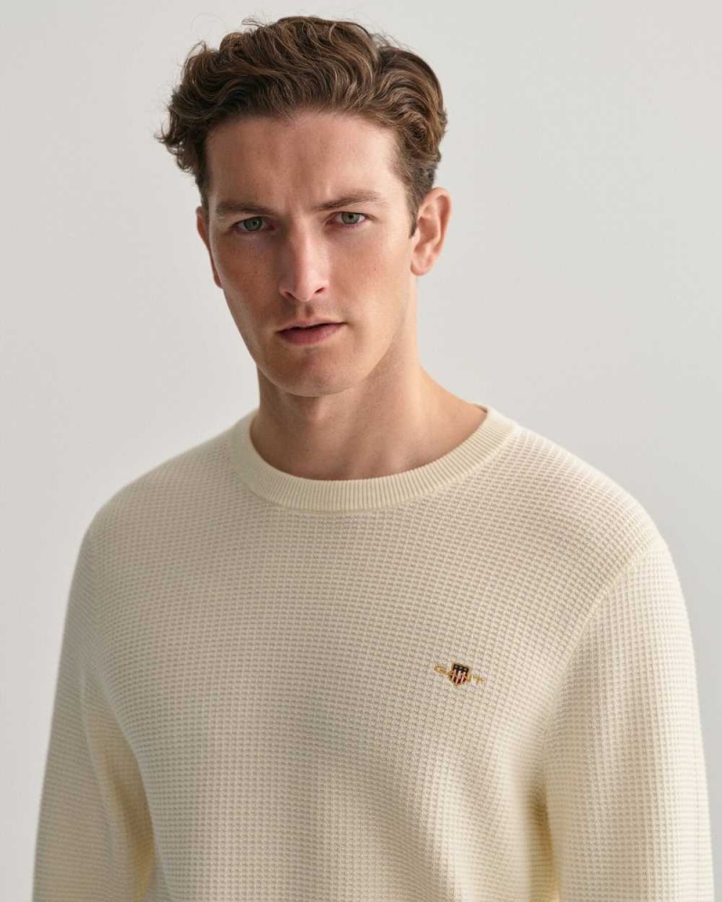 Gant Textured Cotton Crew Neck Men's Sweater Cream | JSOKI-8742