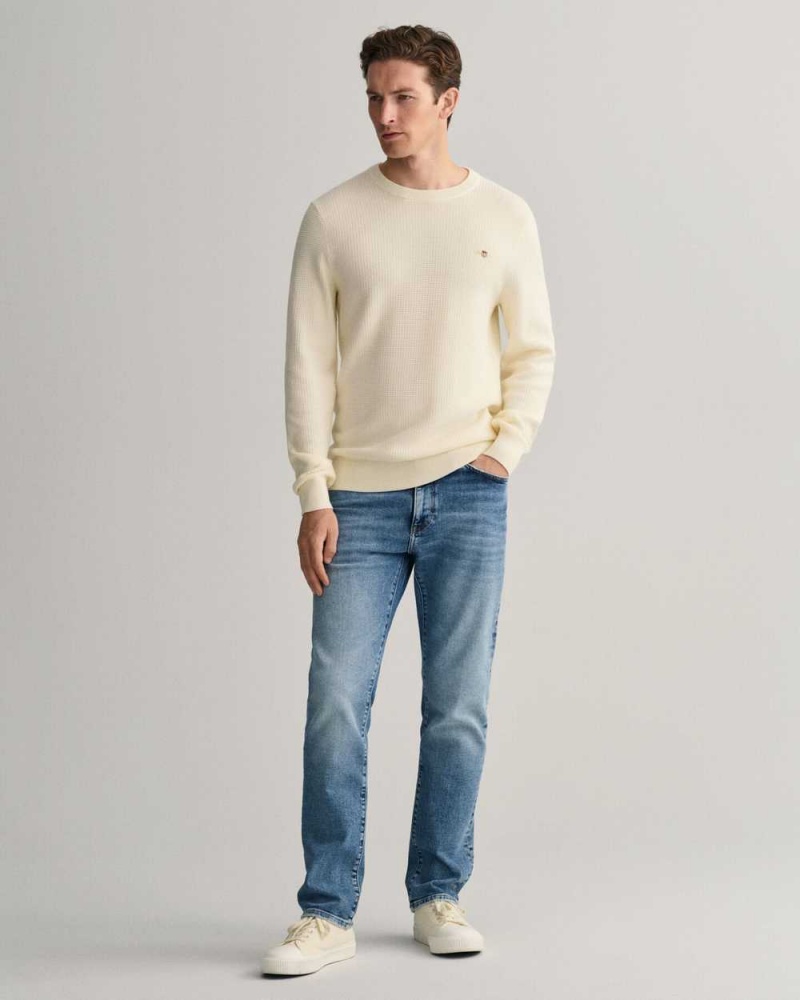 Gant Textured Cotton Crew Neck Men's Sweater Cream | JSOKI-8742