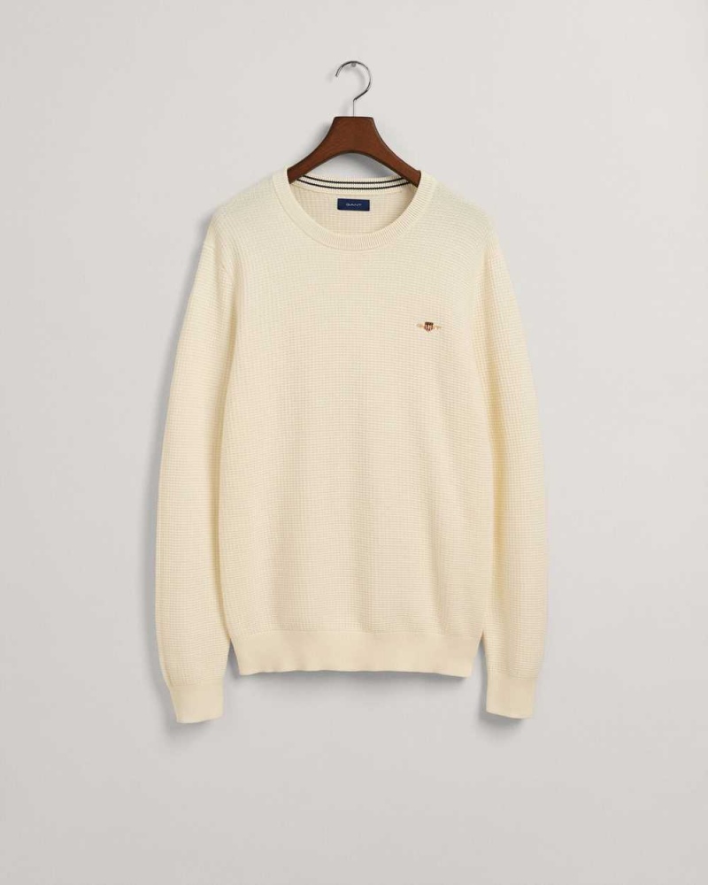 Gant Textured Cotton Crew Neck Men's Sweater Cream | JSOKI-8742